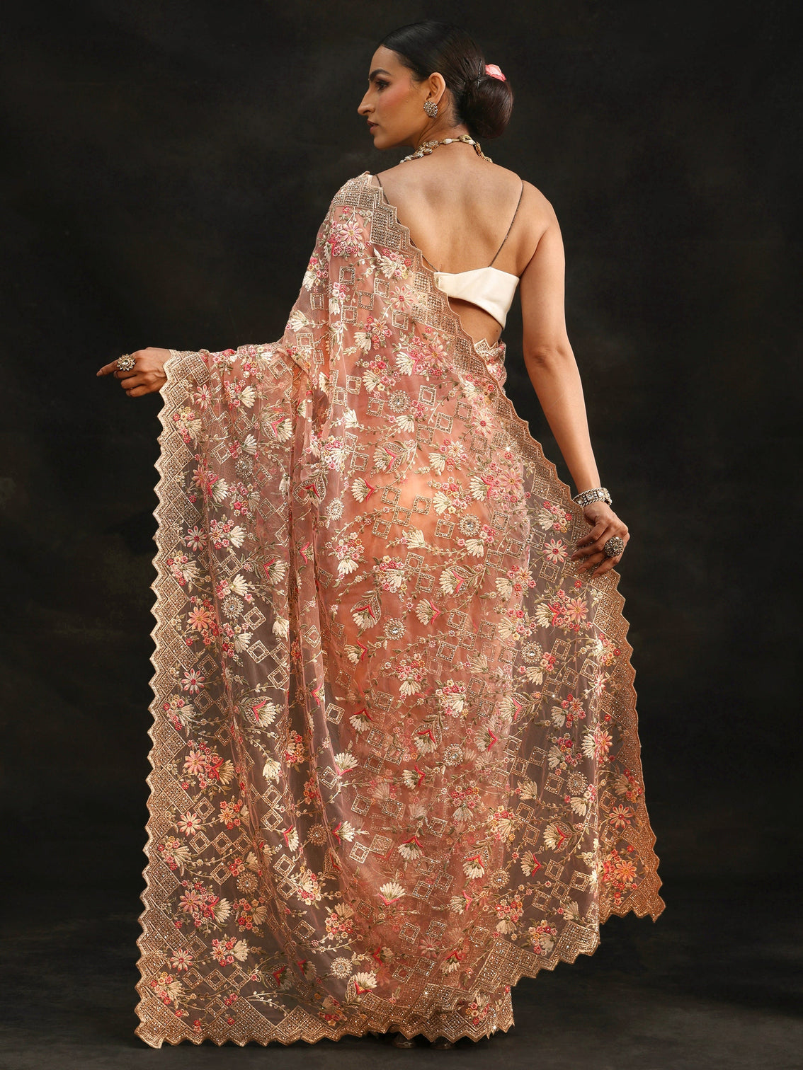 Mameraa Peach Pink Floral Embellished Net Saree