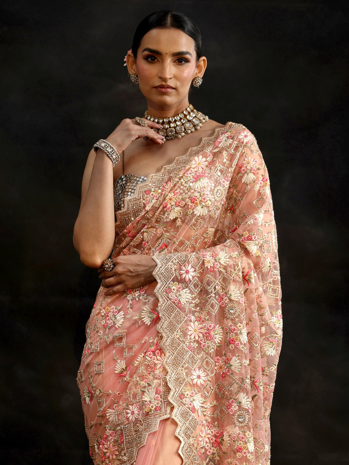 Mameraa Peach Pink Floral Embellished Net Saree