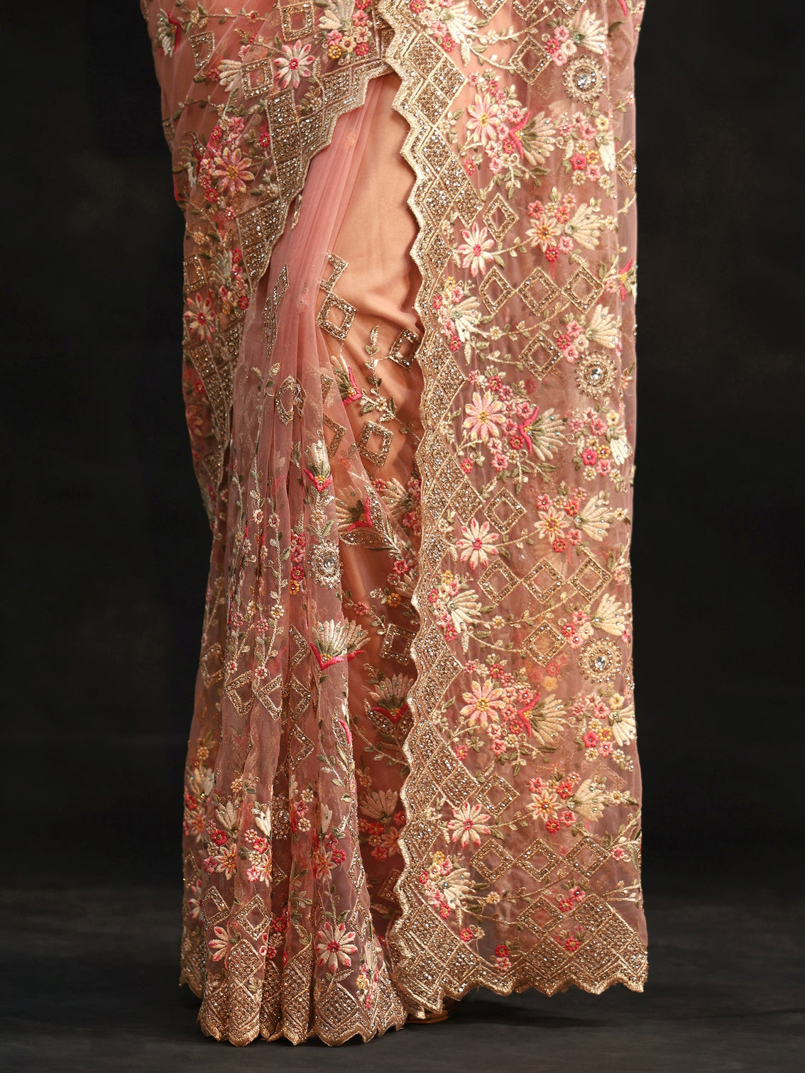 Mameraa Peach Pink Floral Embellished Net Saree