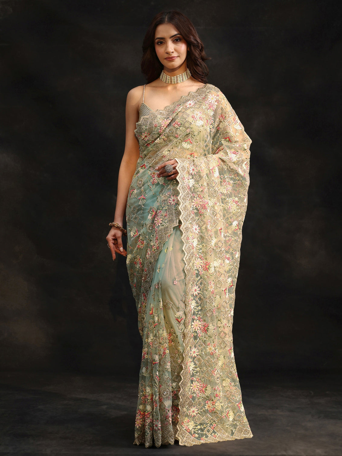 Mameraa Ice Blue Floral Embellished Net Saree