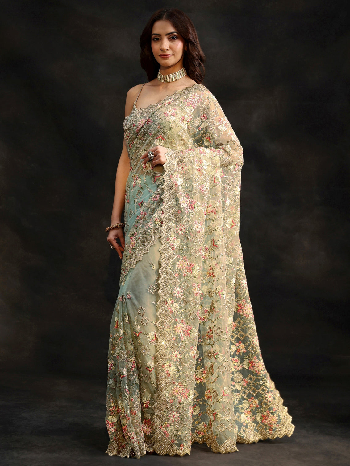 Mameraa Ice Blue Floral Embellished Net Saree