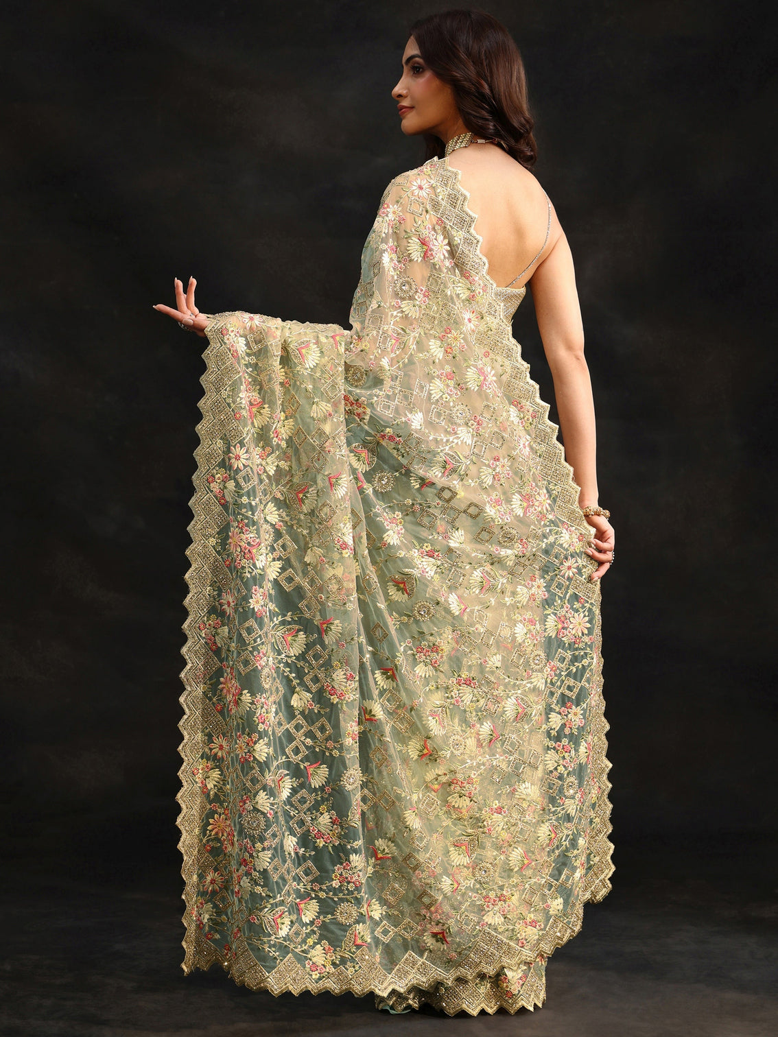 Mameraa Ice Blue Floral Embellished Net Saree