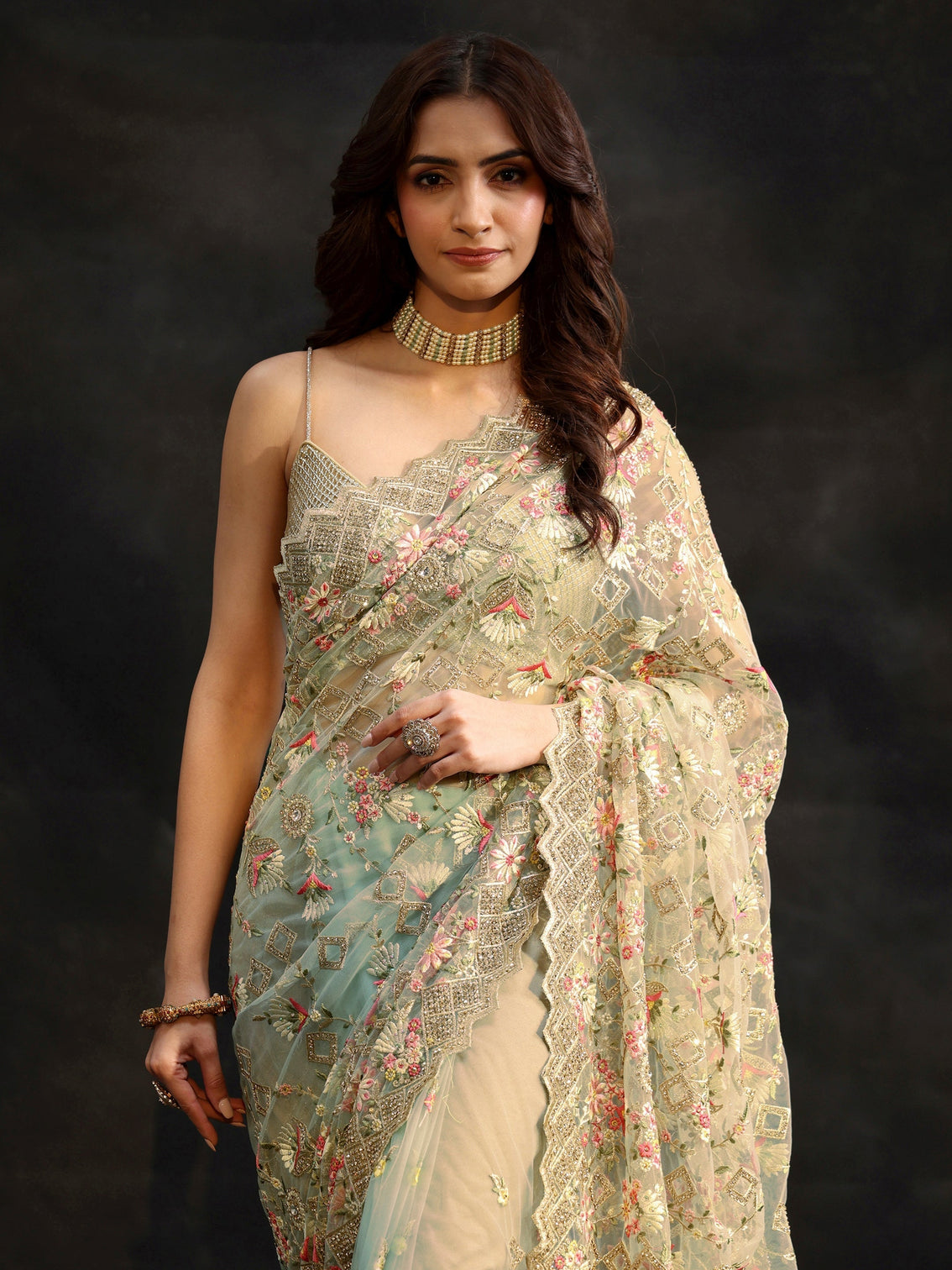 Mameraa Ice Blue Floral Embellished Net Saree