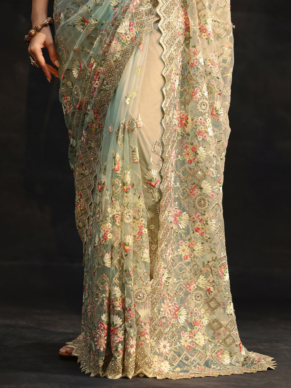 Mameraa Ice Blue Floral Embellished Net Saree