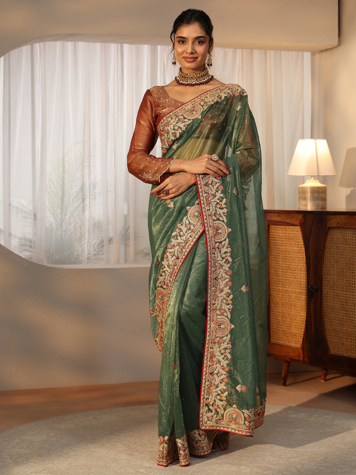 Mameraa Olive Green Floral Embroidered Net Saree