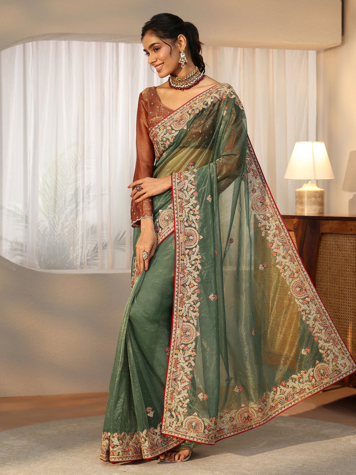 Mameraa Olive Green Floral Embroidered Net Saree
