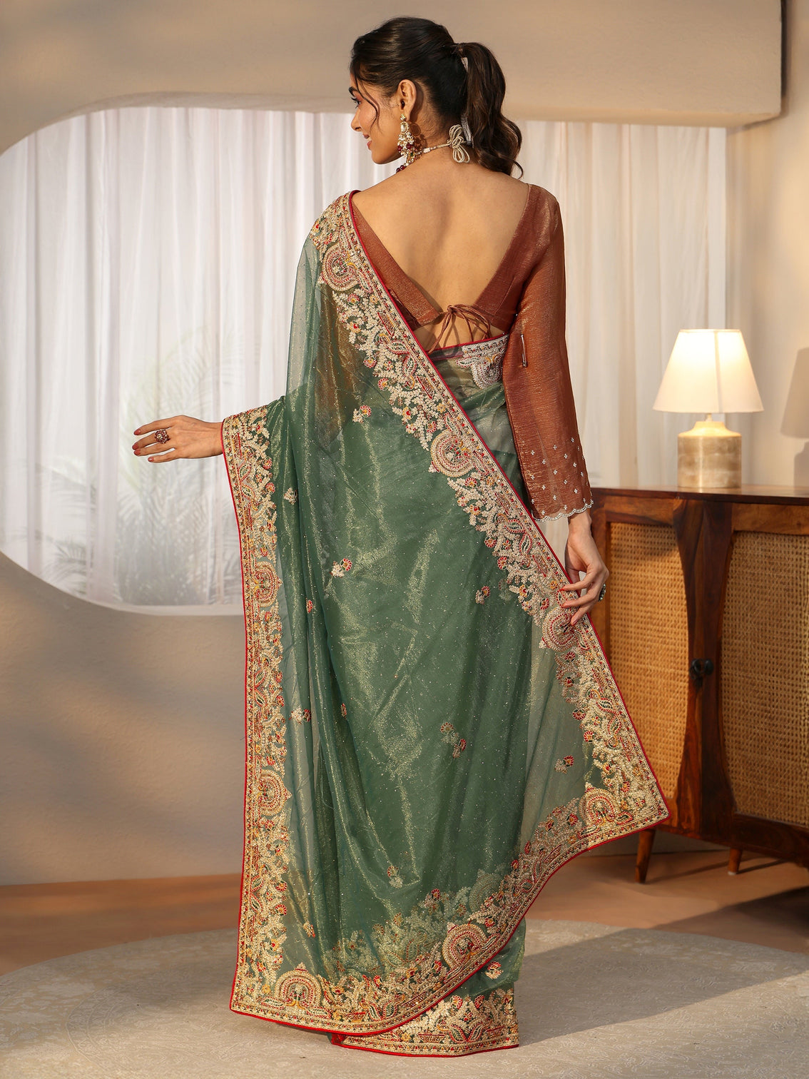 Mameraa Olive Green Floral Embroidered Net Saree