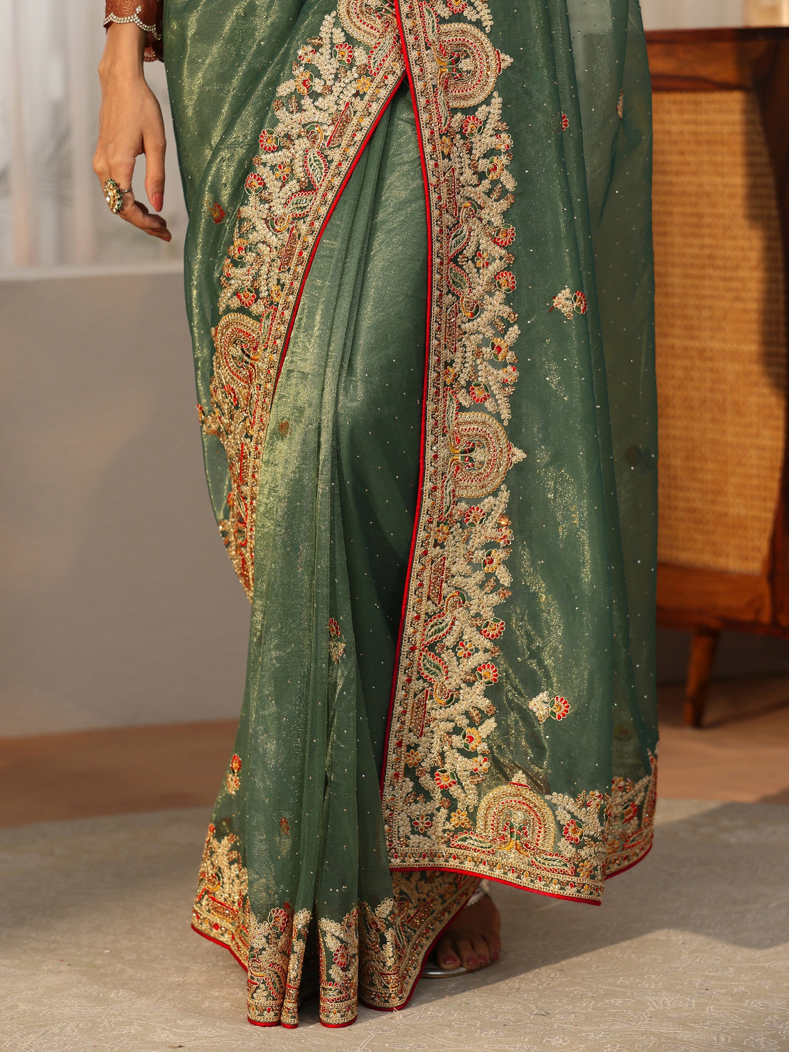 Mameraa Olive Green Floral Embroidered Net Saree