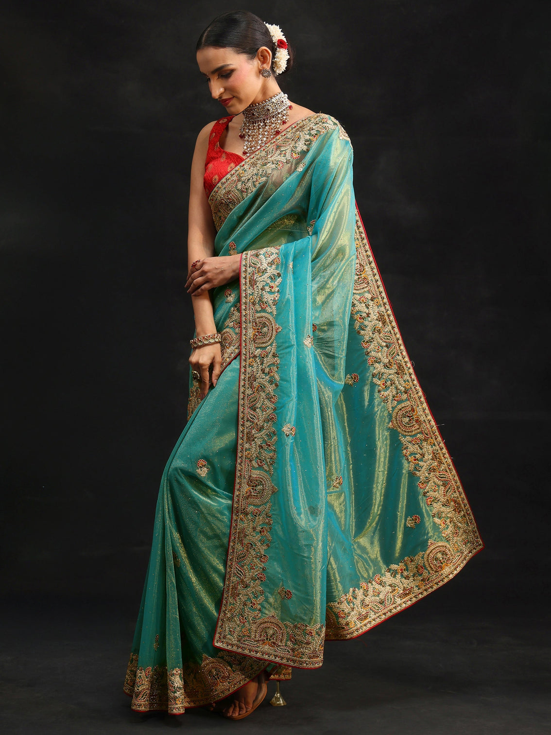 Mameraa Aqua Blue Floral Embroidered Net Saree