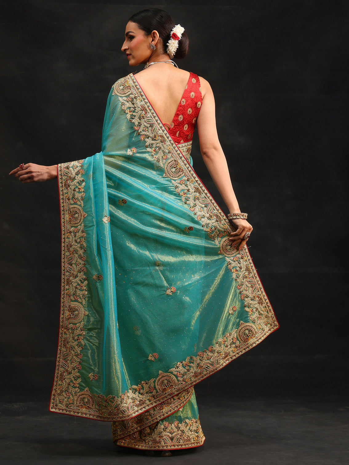Mameraa Aqua Blue Floral Embroidered Net Saree
