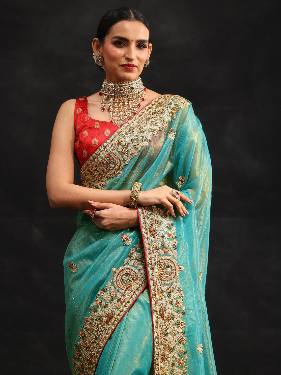 Mameraa Aqua Blue Floral Embroidered Net Saree