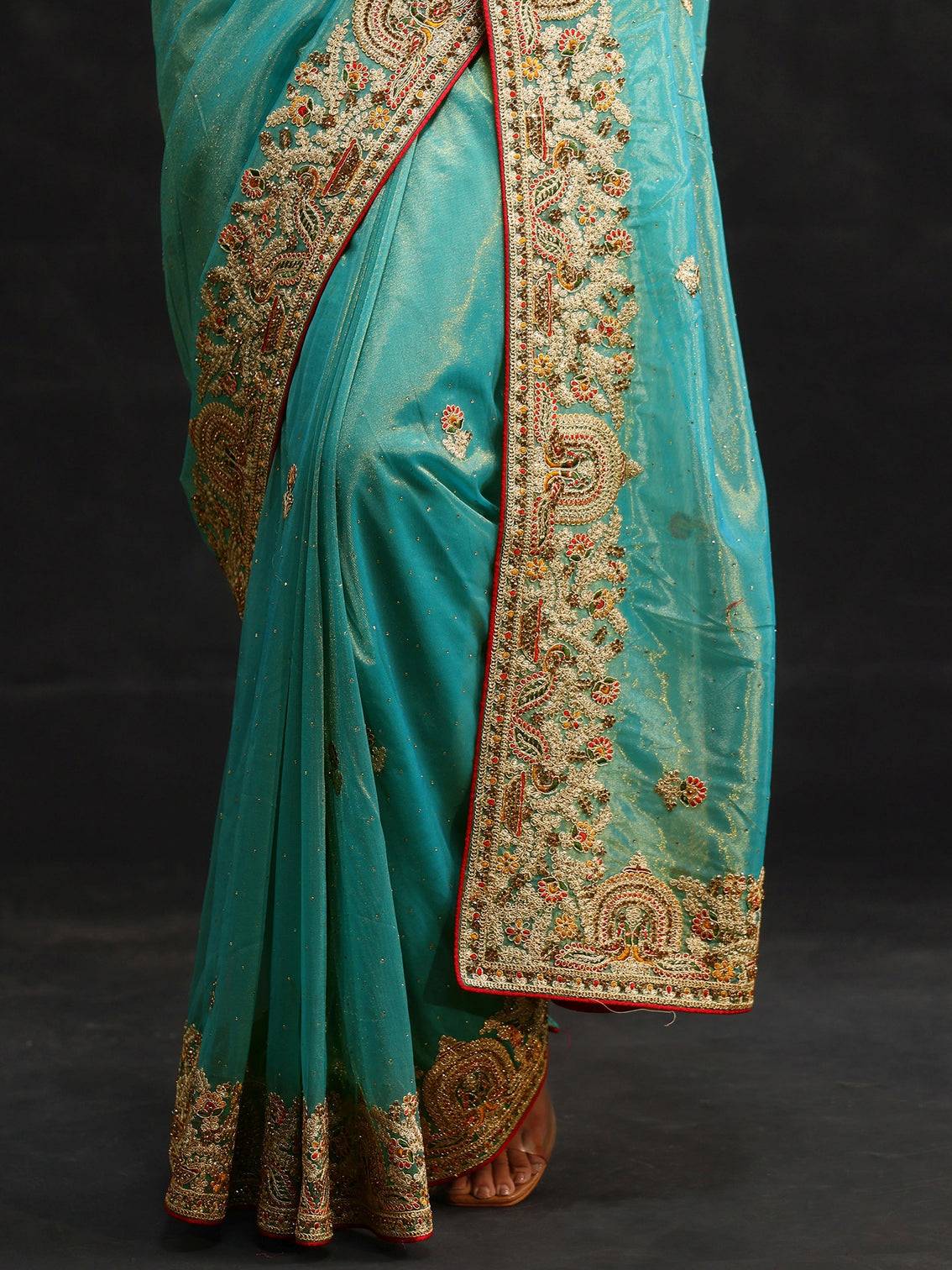 Mameraa Aqua Blue Floral Embroidered Net Saree