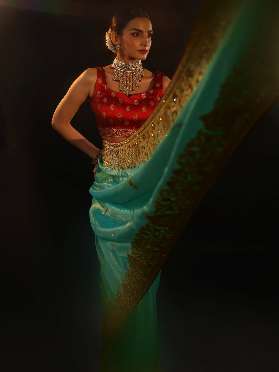 Mameraa Aqua Blue Floral Embroidered Net Saree