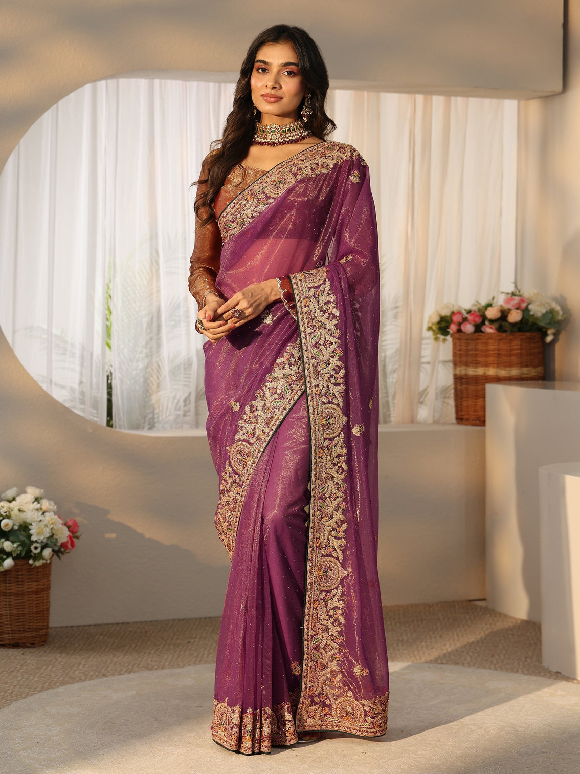 Mameraa Plum Purple Floral  Embroidered Net Saree