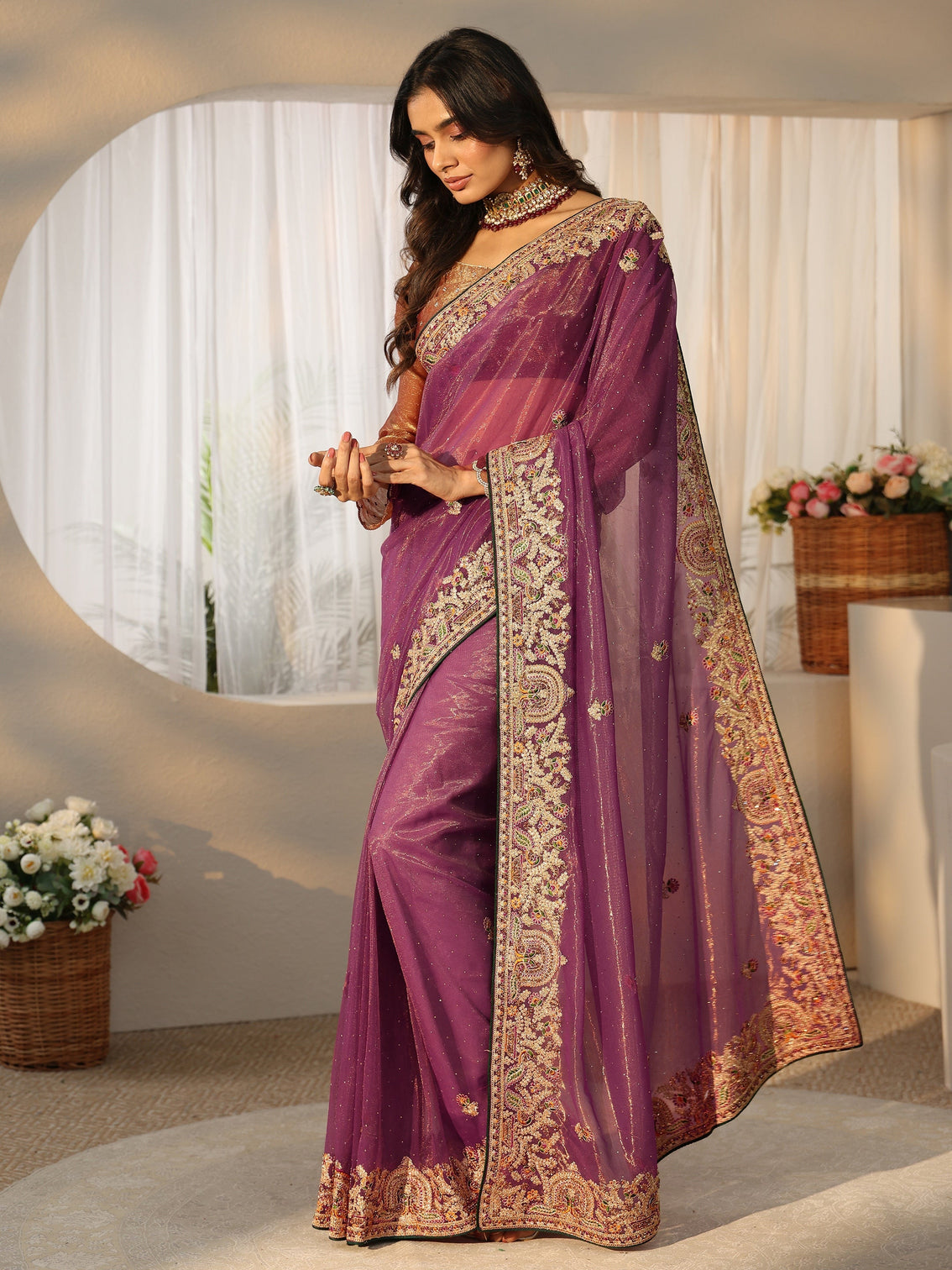 Mameraa Plum Purple Floral  Embroidered Net Saree