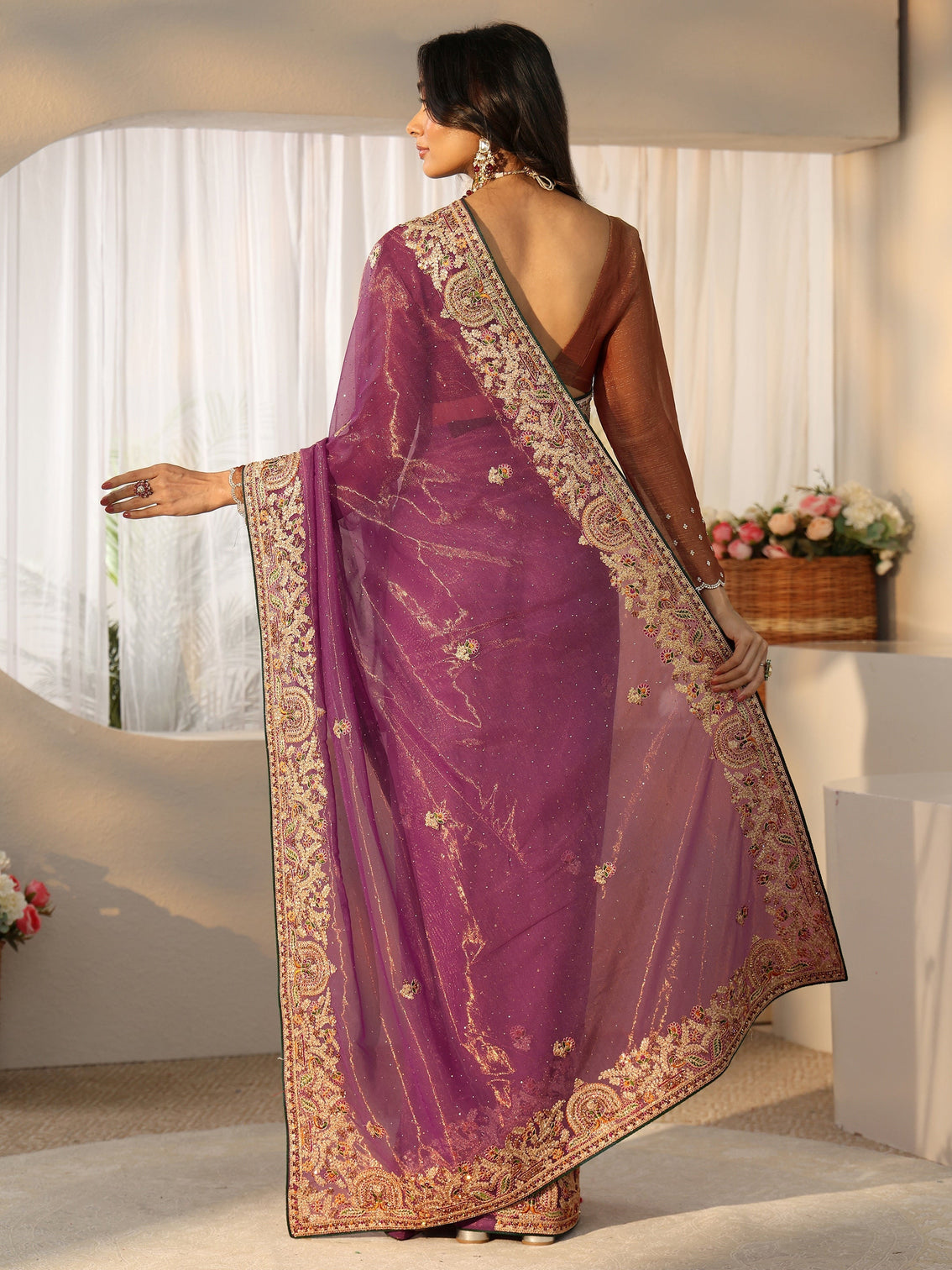 Mameraa Plum Purple Floral  Embroidered Net Saree