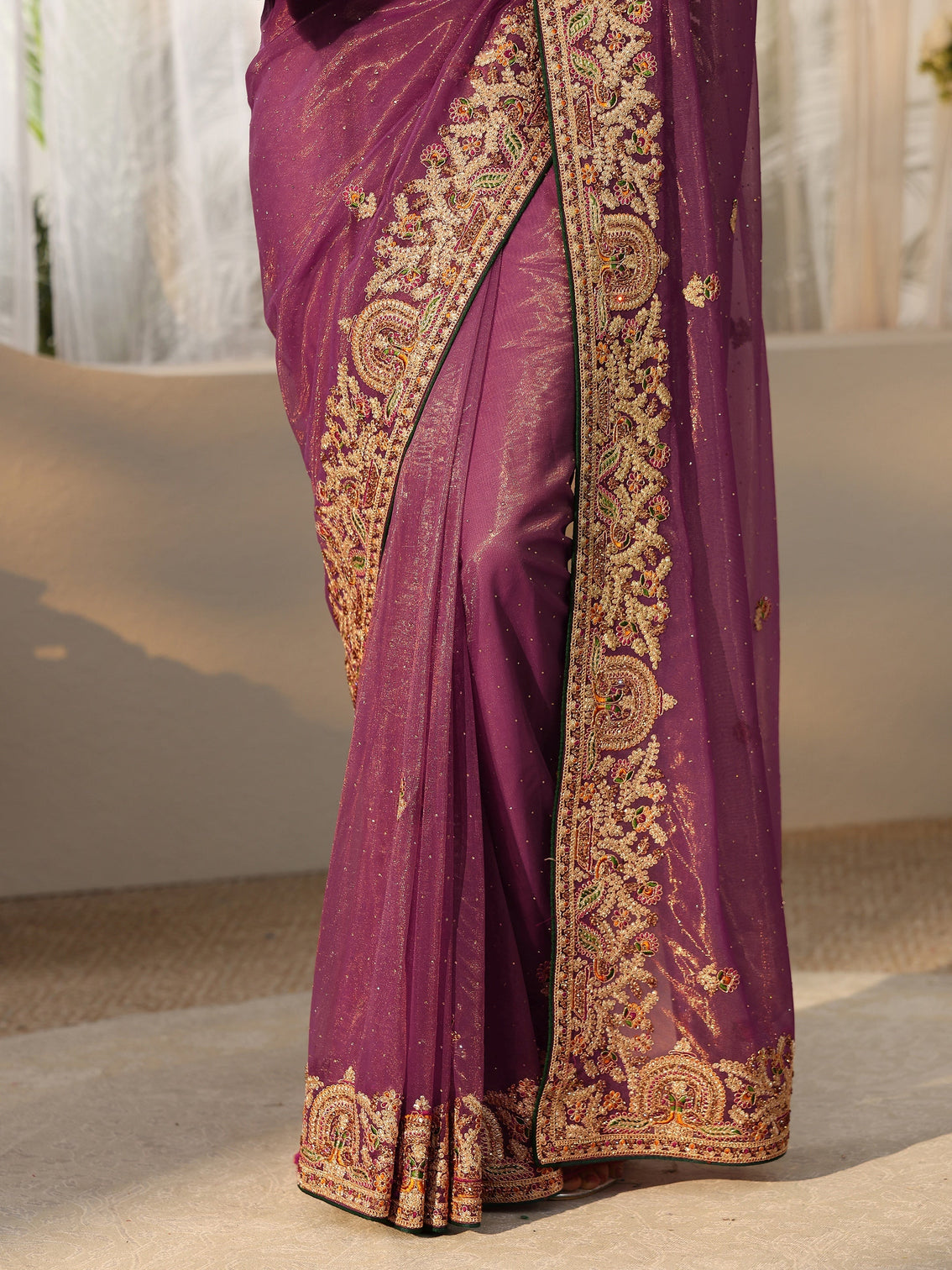 Mameraa Plum Purple Floral  Embroidered Net Saree