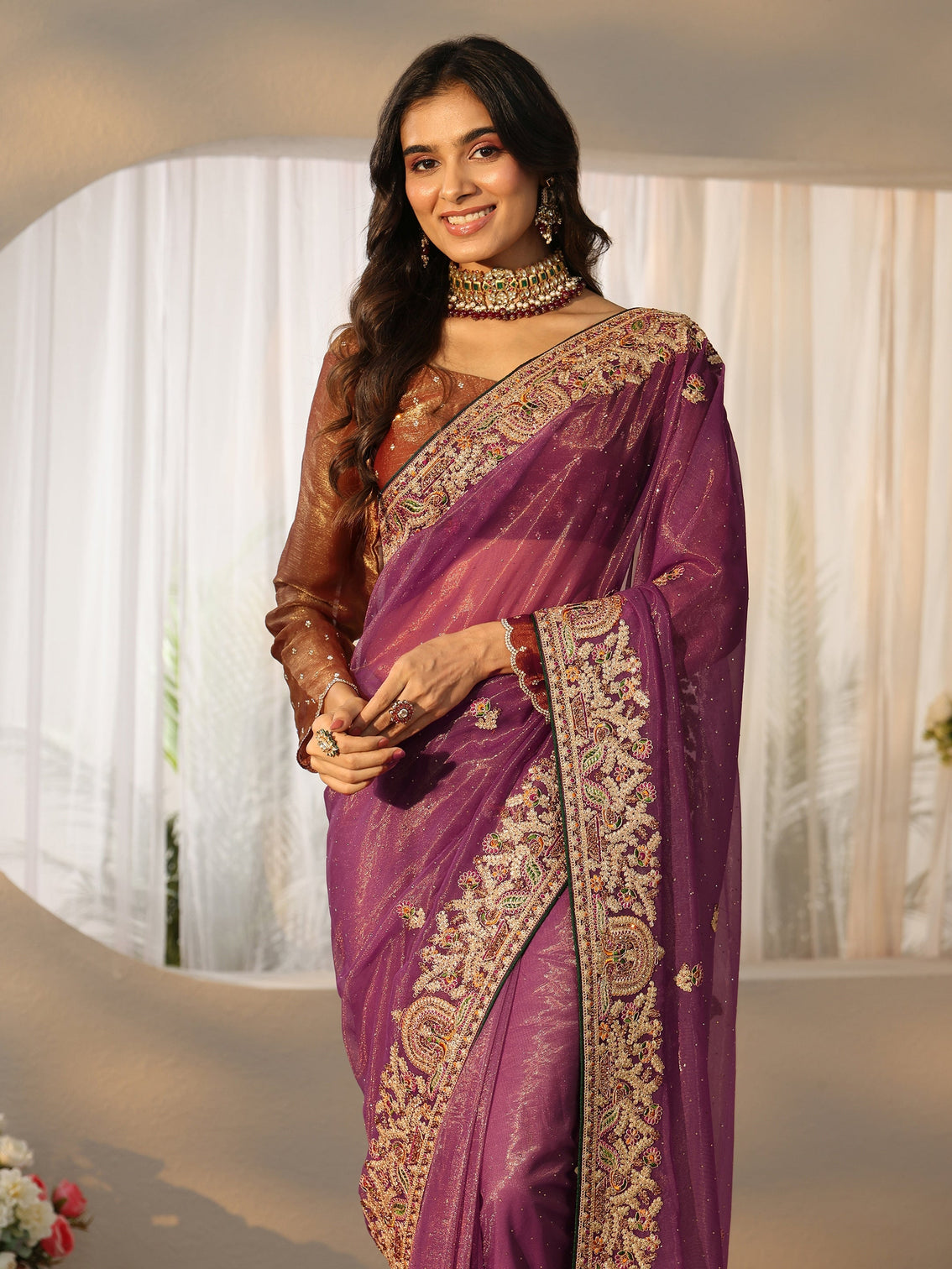 Mameraa Plum Purple Floral  Embroidered Net Saree