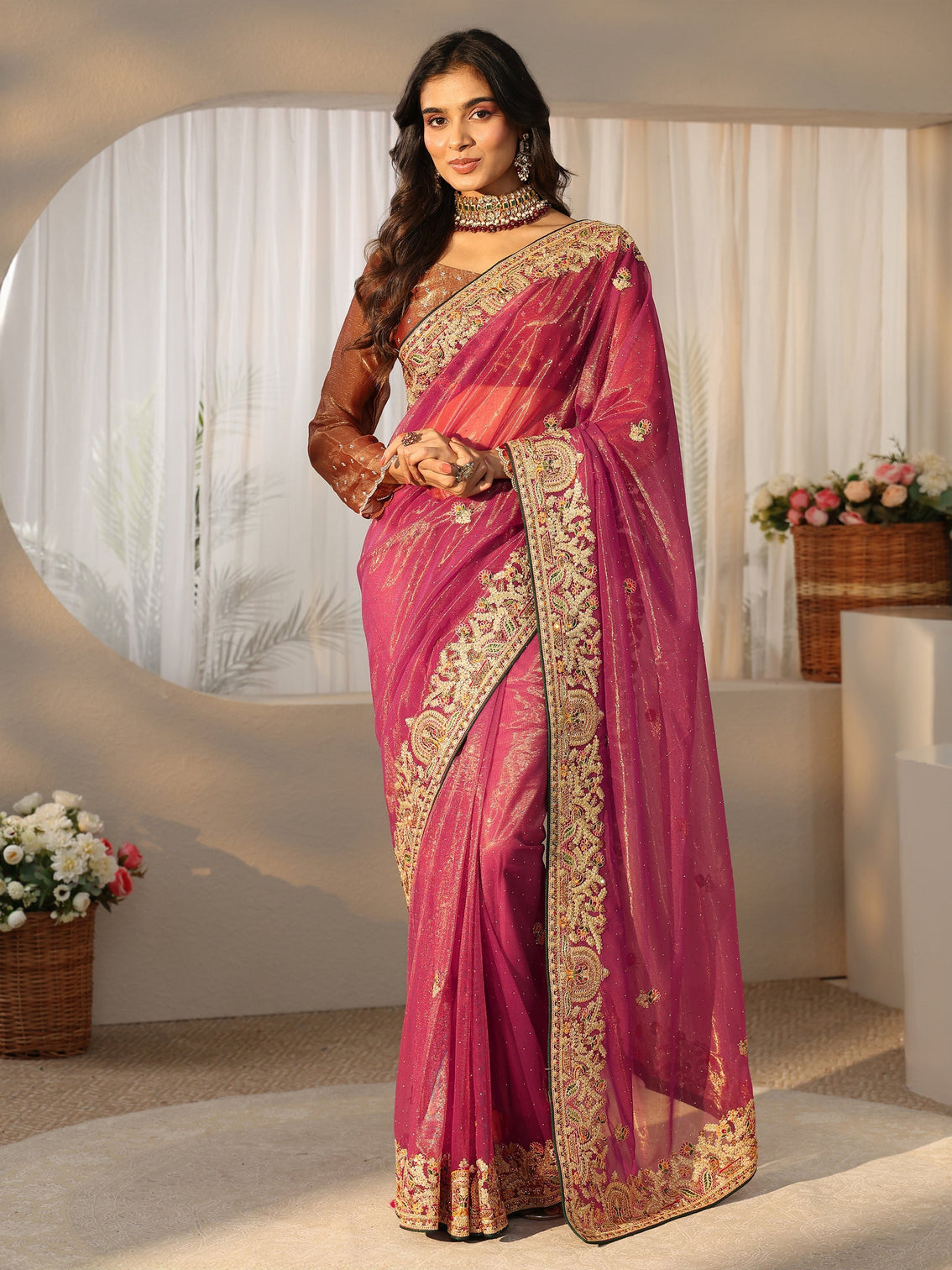 Mameraa Peach Net Saree with Embroidered Border