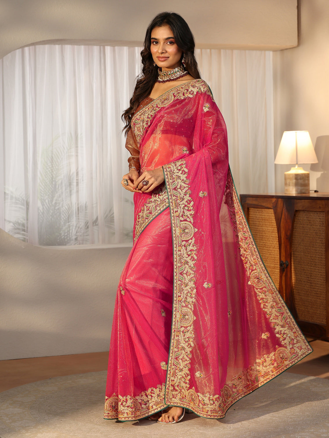 Mameraa Peach Net Saree with Embroidered Border