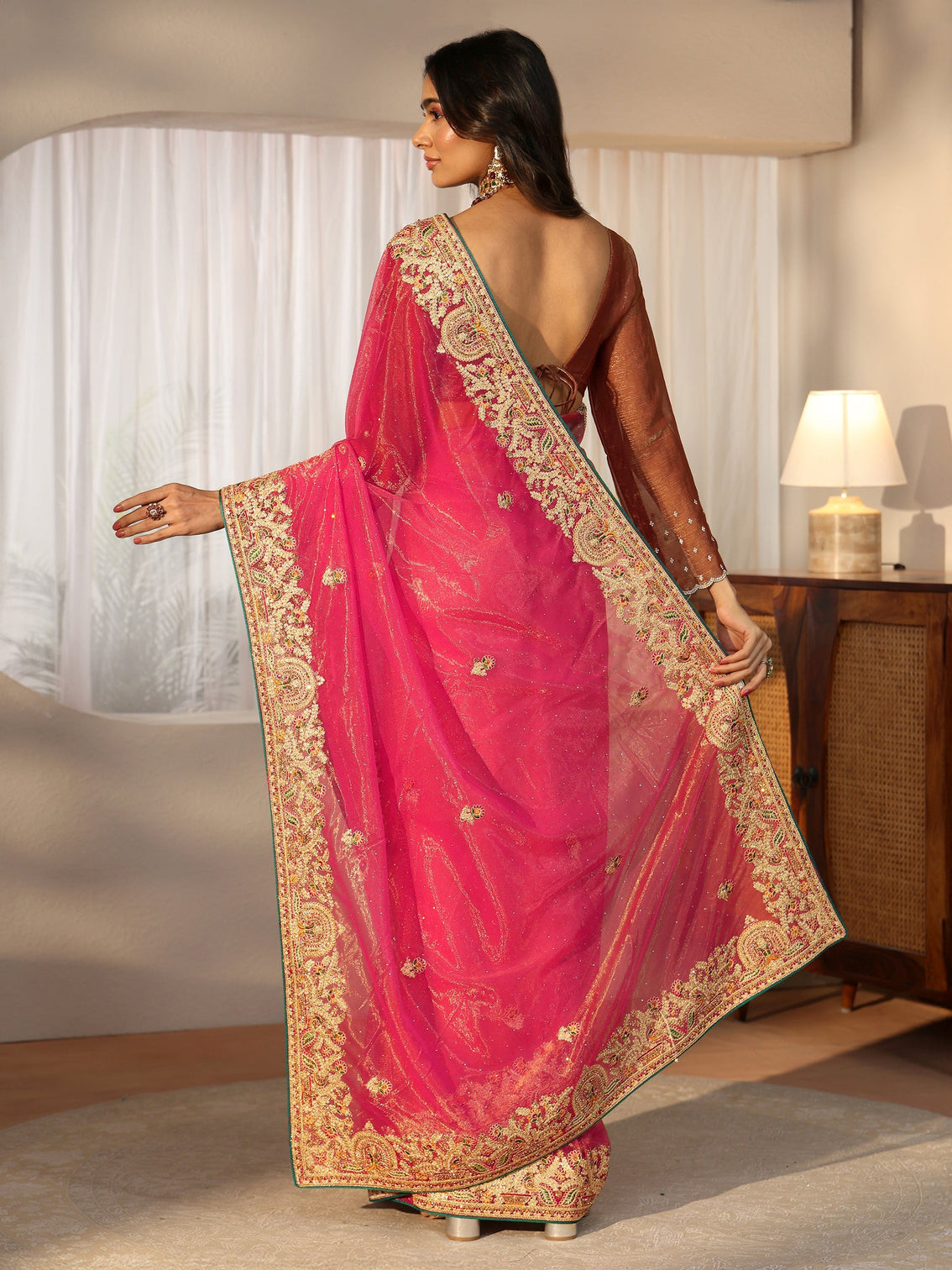 Mameraa Peach Net Saree with Embroidered Border