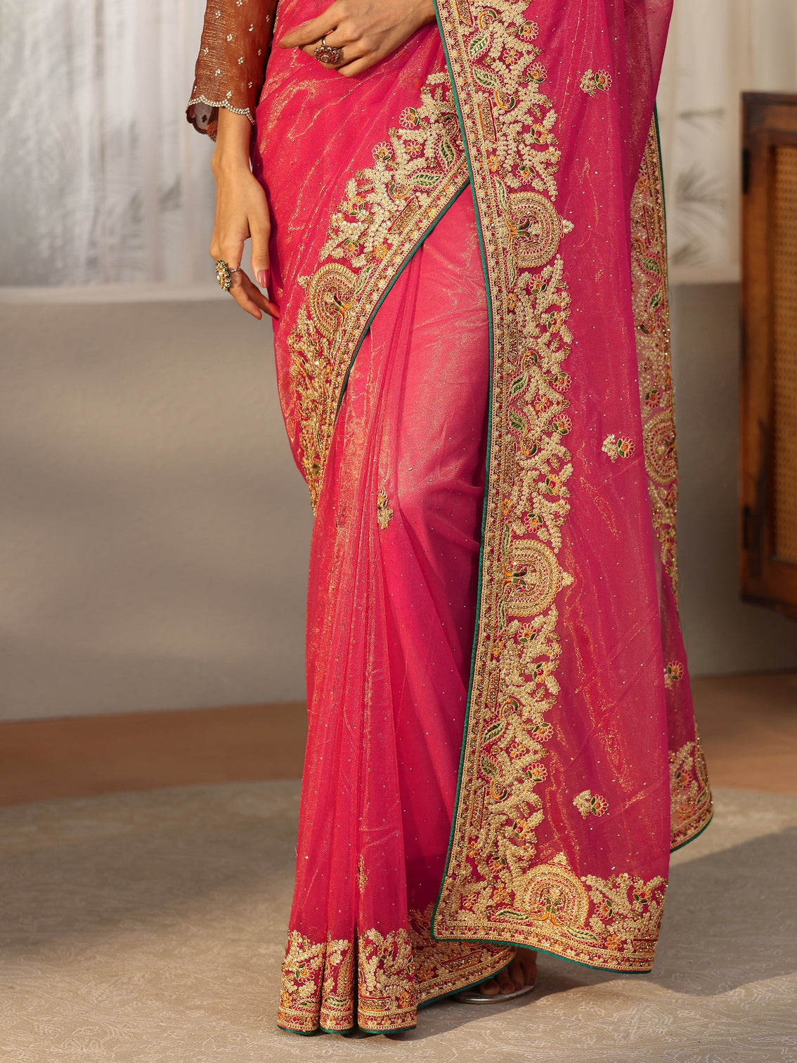 Mameraa Peach Net Saree with Embroidered Border