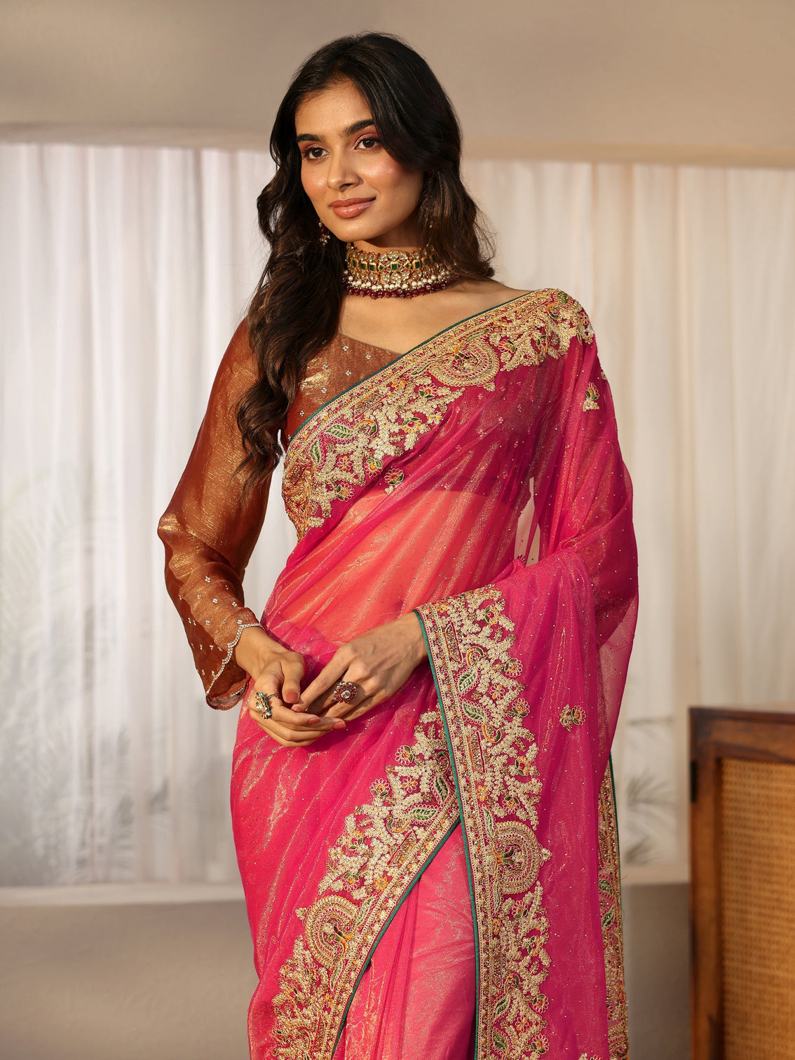 Mameraa Peach Net Saree with Embroidered Border