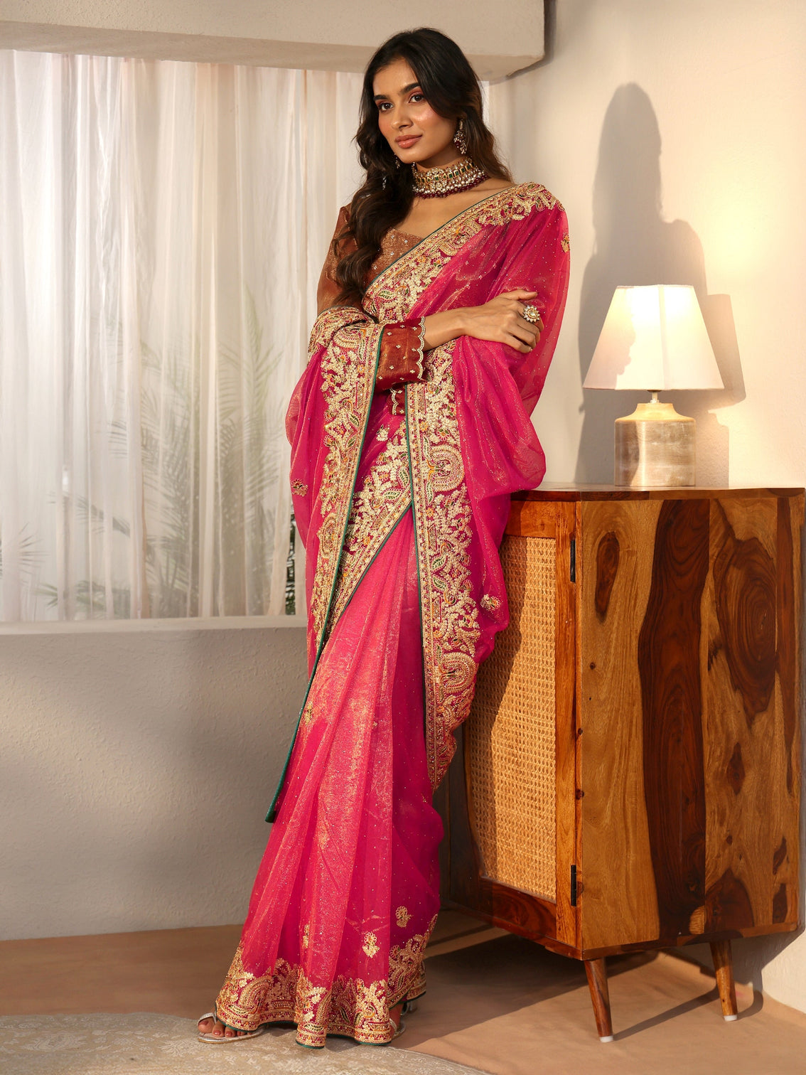 Mameraa Peach Net Saree with Embroidered Border