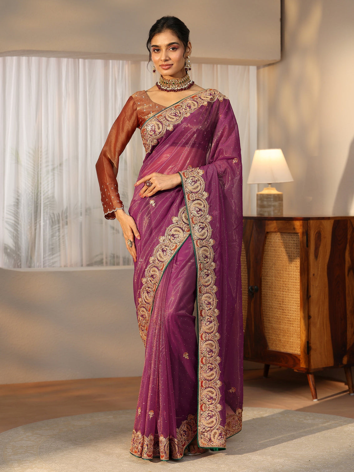 Mameraa Plum Purple Net Saree with Embellished Paisley Border