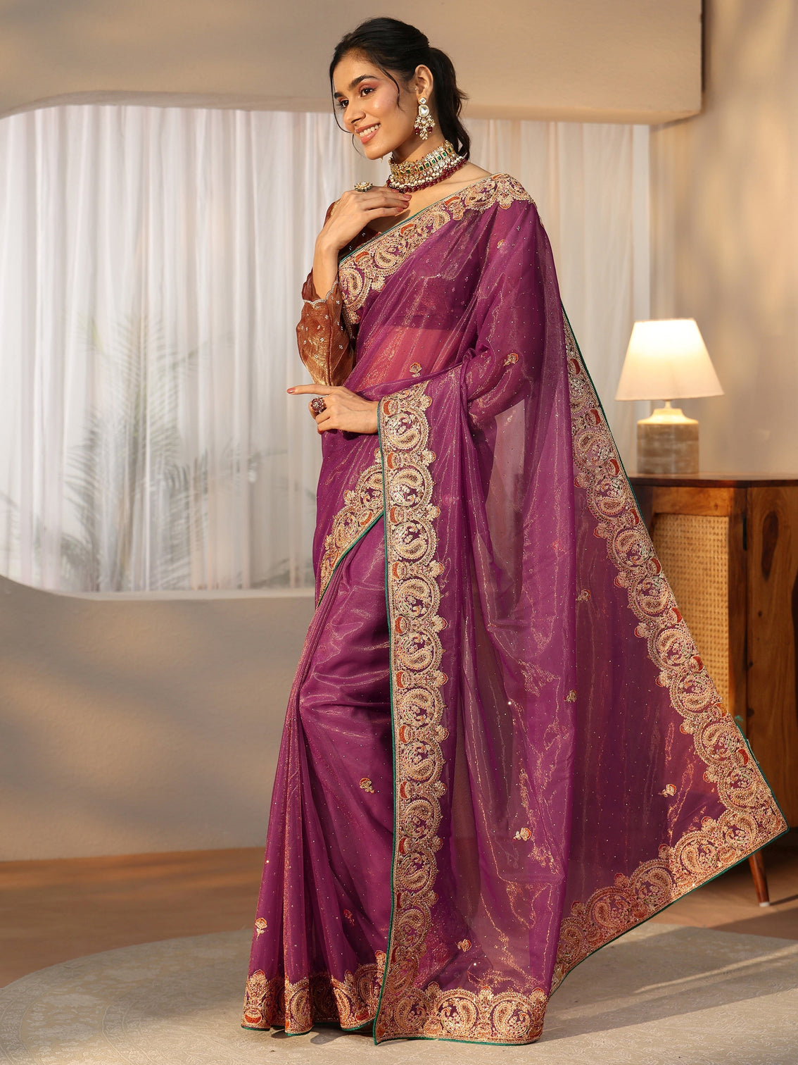 Mameraa Plum Purple Net Saree with Embellished Paisley Border