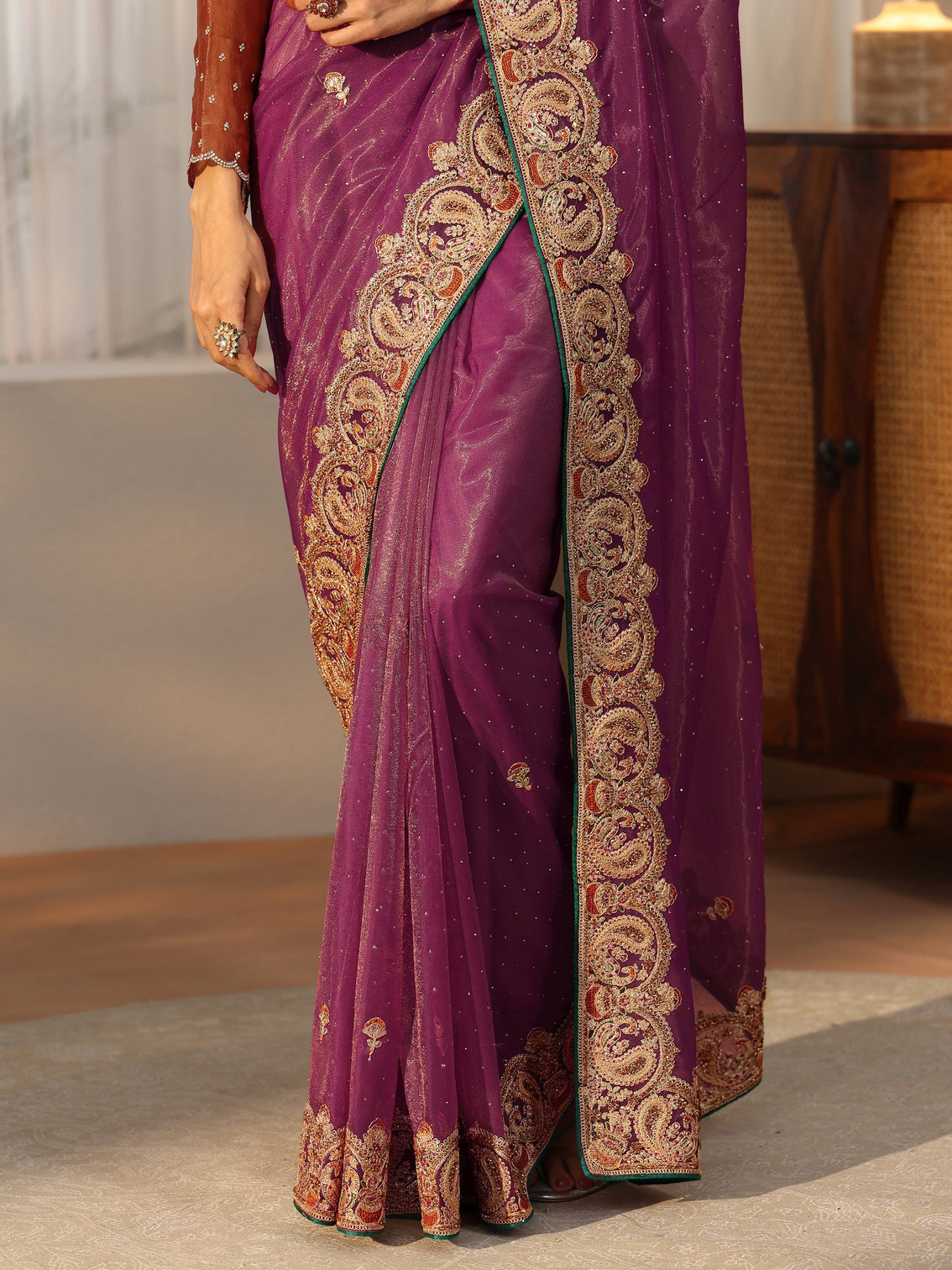 Mameraa Plum Purple Net Saree with Embellished Paisley Border
