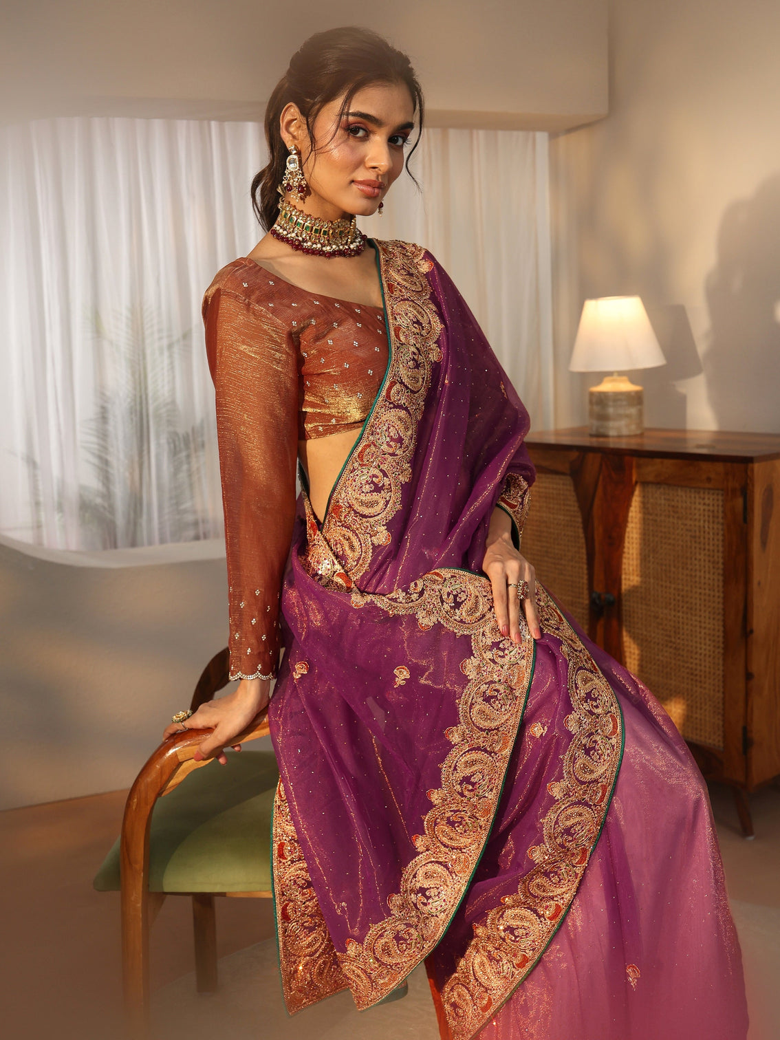 Mameraa Plum Purple Net Saree with Embellished Paisley Border