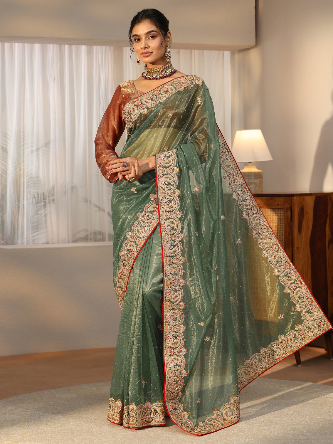 Mameraa Olive Green Net Saree with Embellished Paisley Border