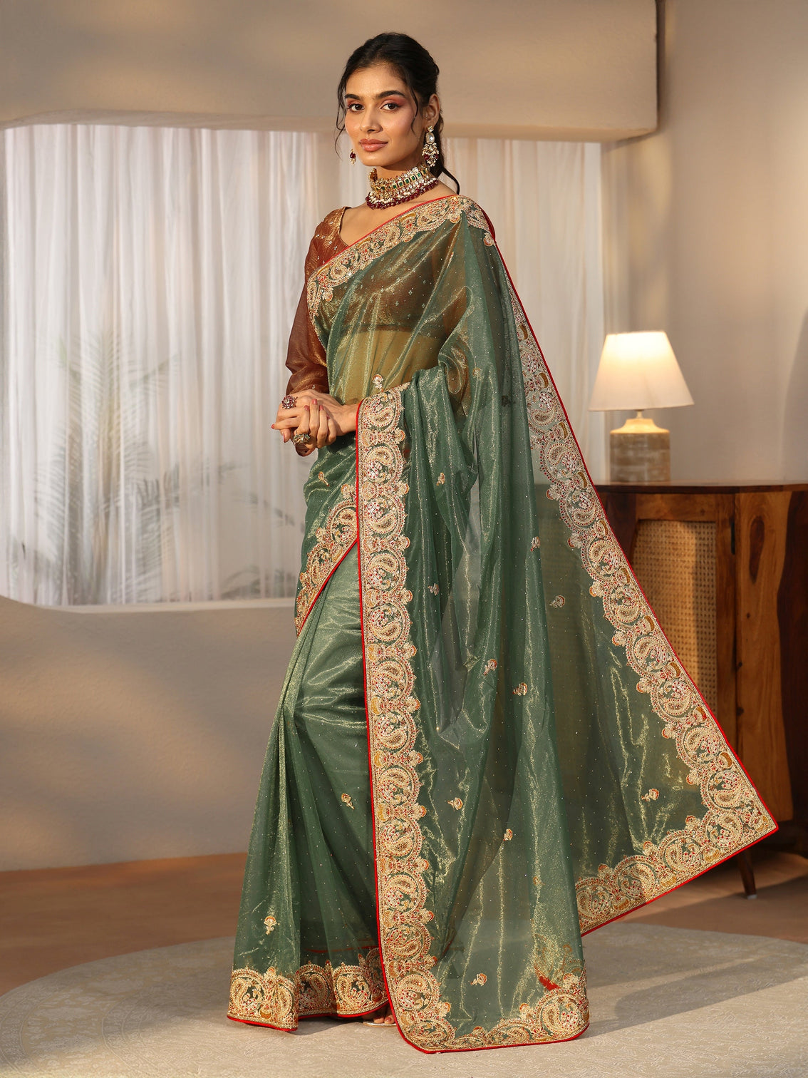 Mameraa Olive Green Net Saree with Embellished Paisley Border