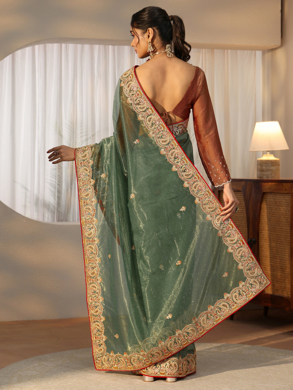Mameraa Olive Green Net Saree with Embellished Paisley Border