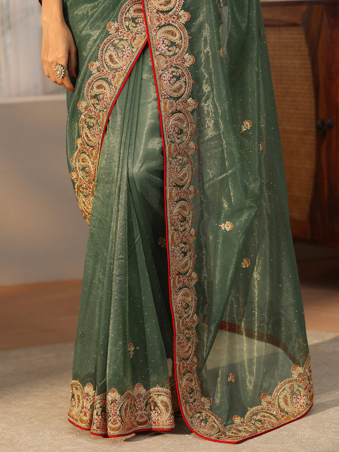 Mameraa Olive Green Net Saree with Embellished Paisley Border