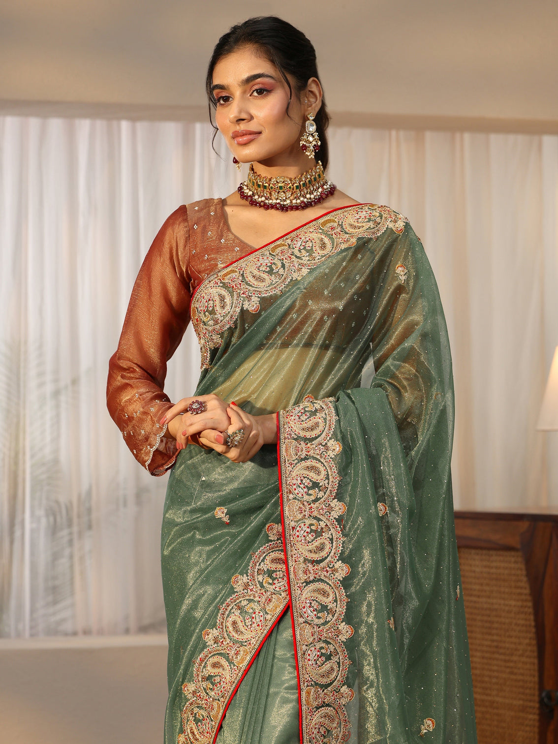 Mameraa Olive Green Net Saree with Embellished Paisley Border