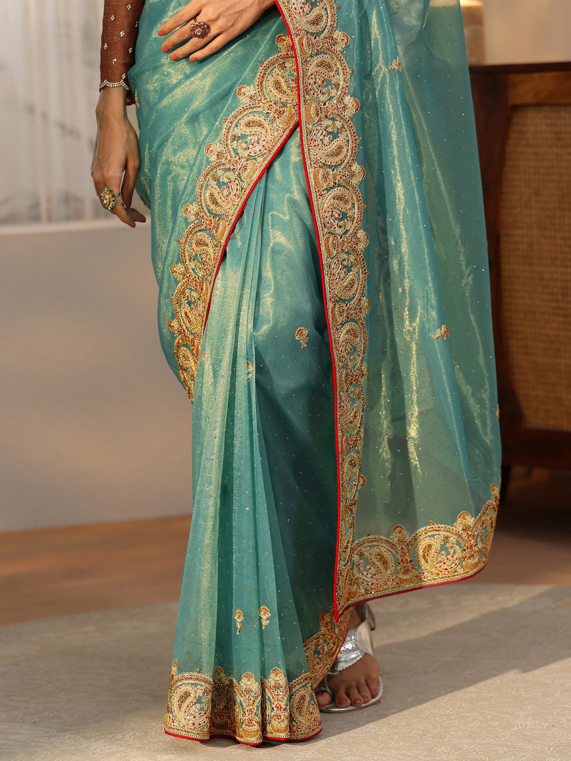 Mameraa Aqua Blue Net Saree with Embellished Paisley Border