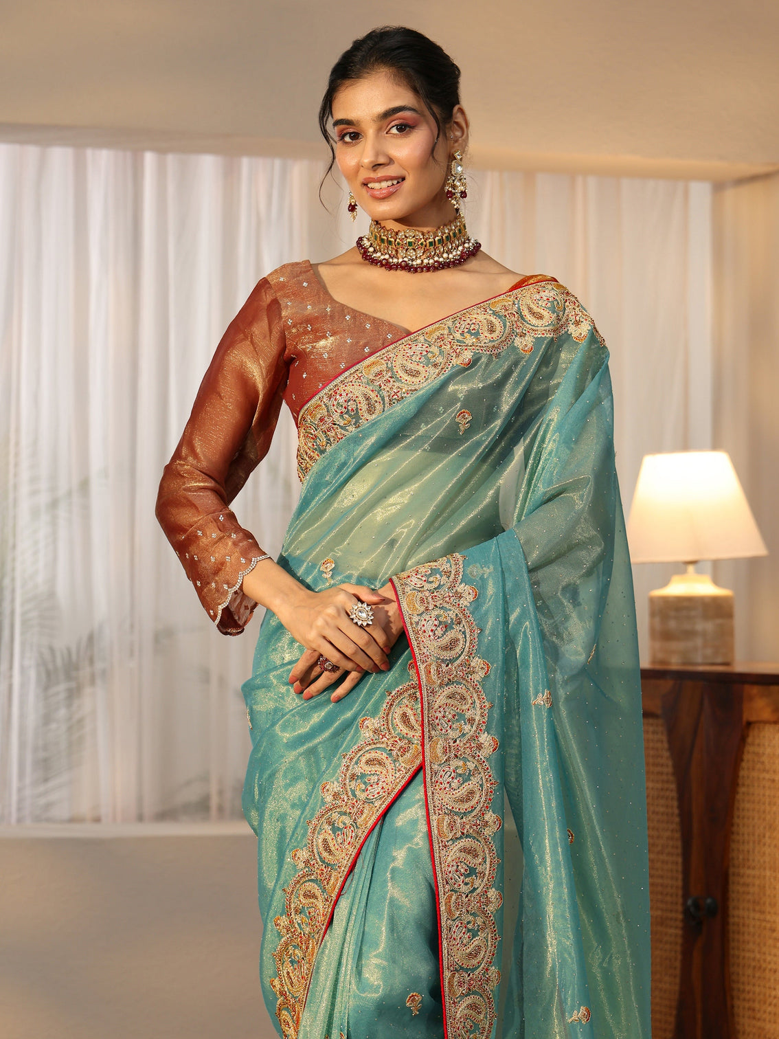 Mameraa Aqua Blue Net Saree with Embellished Paisley Border
