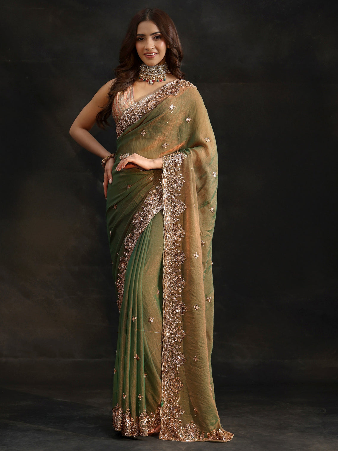 Mameraa Olive Green Sequined Tissue Saree
