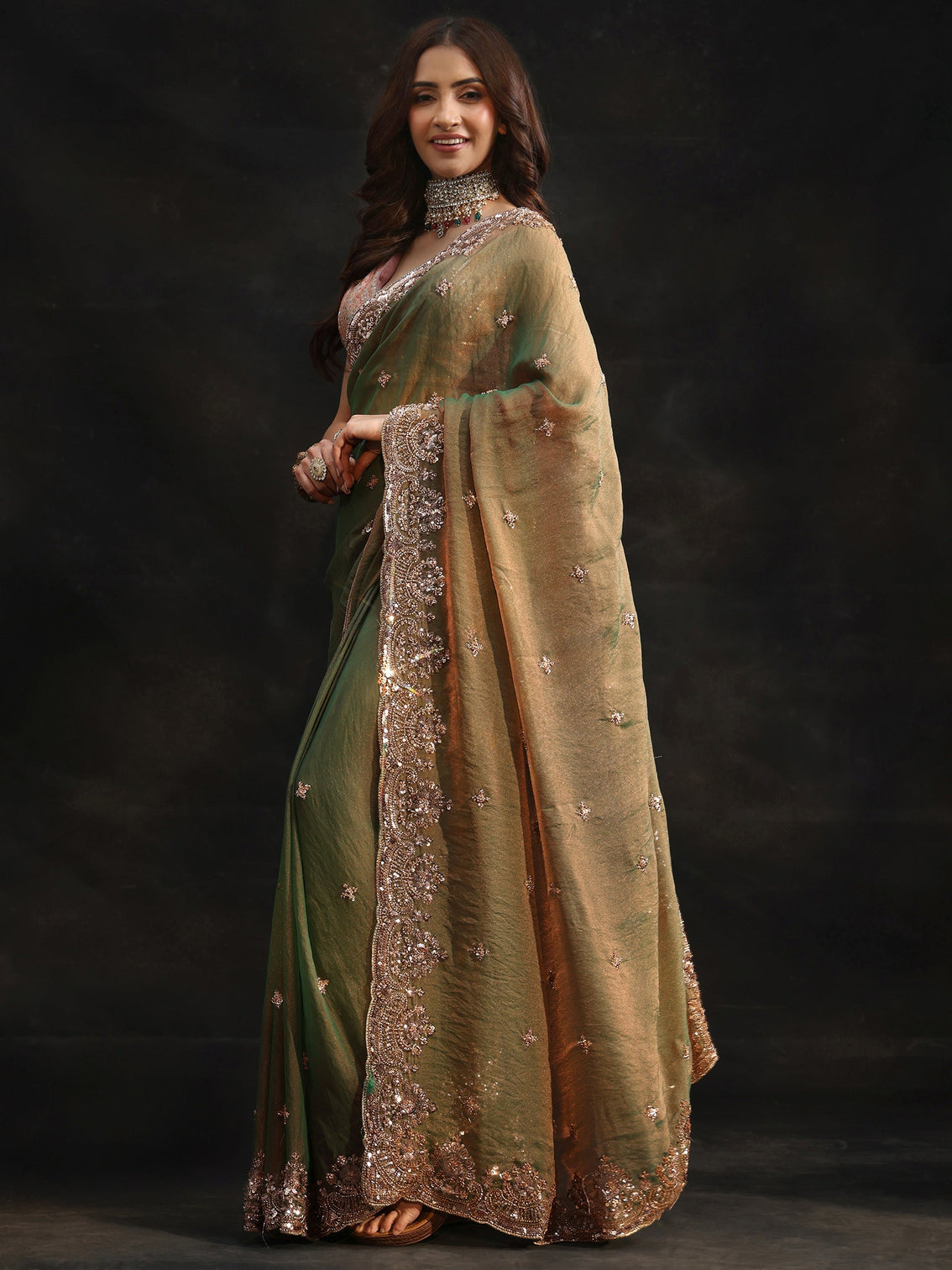 Mameraa Olive Green Sequined Tissue Saree