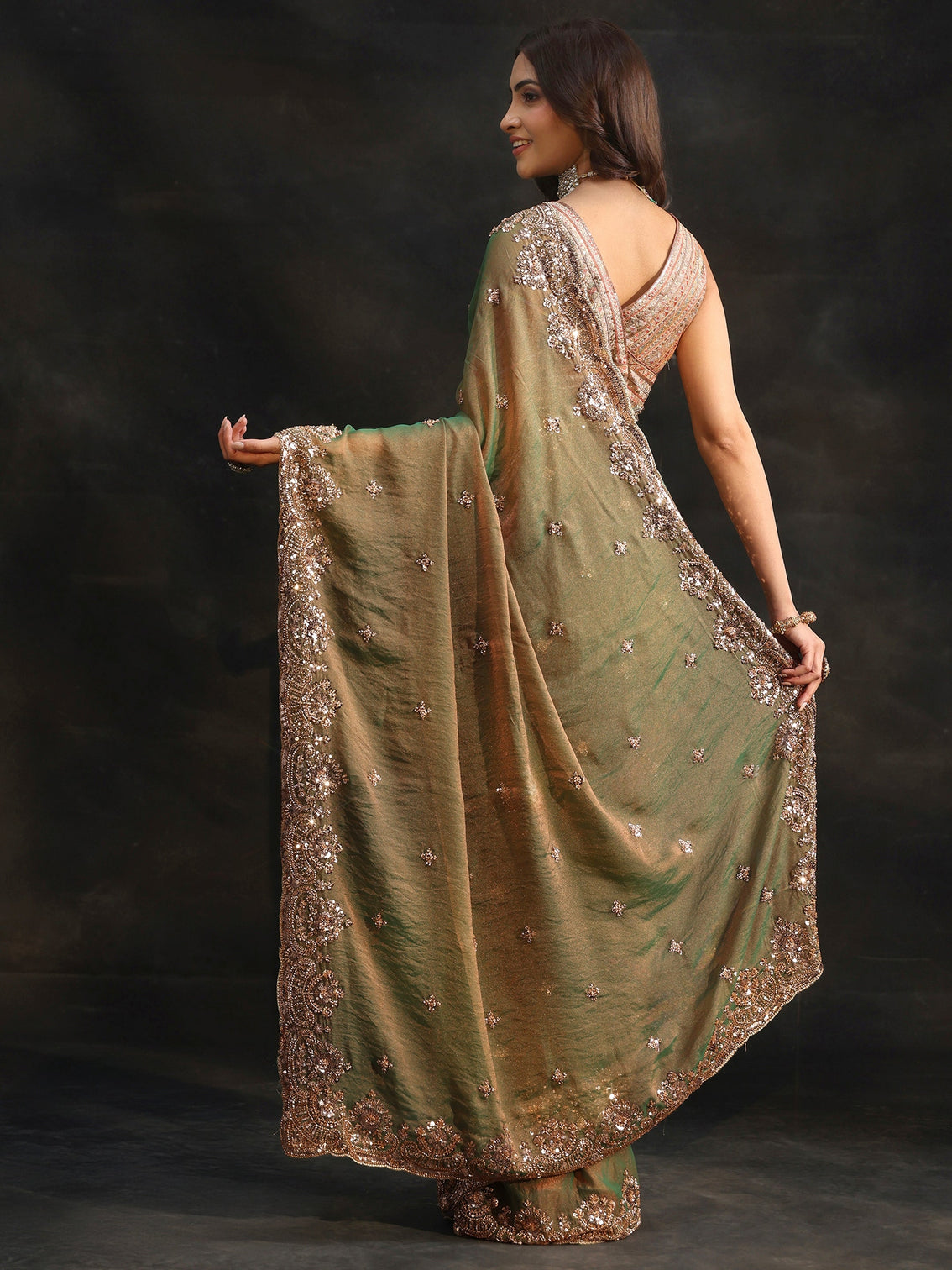 Mameraa Olive Green Sequined Tissue Saree