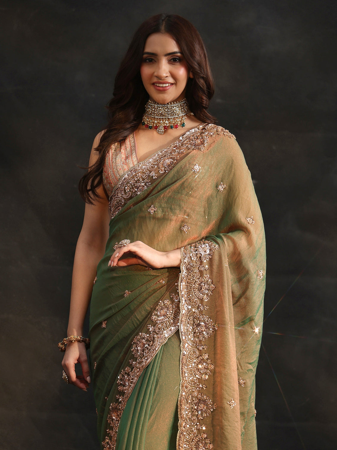 Mameraa Olive Green Sequined Tissue Saree