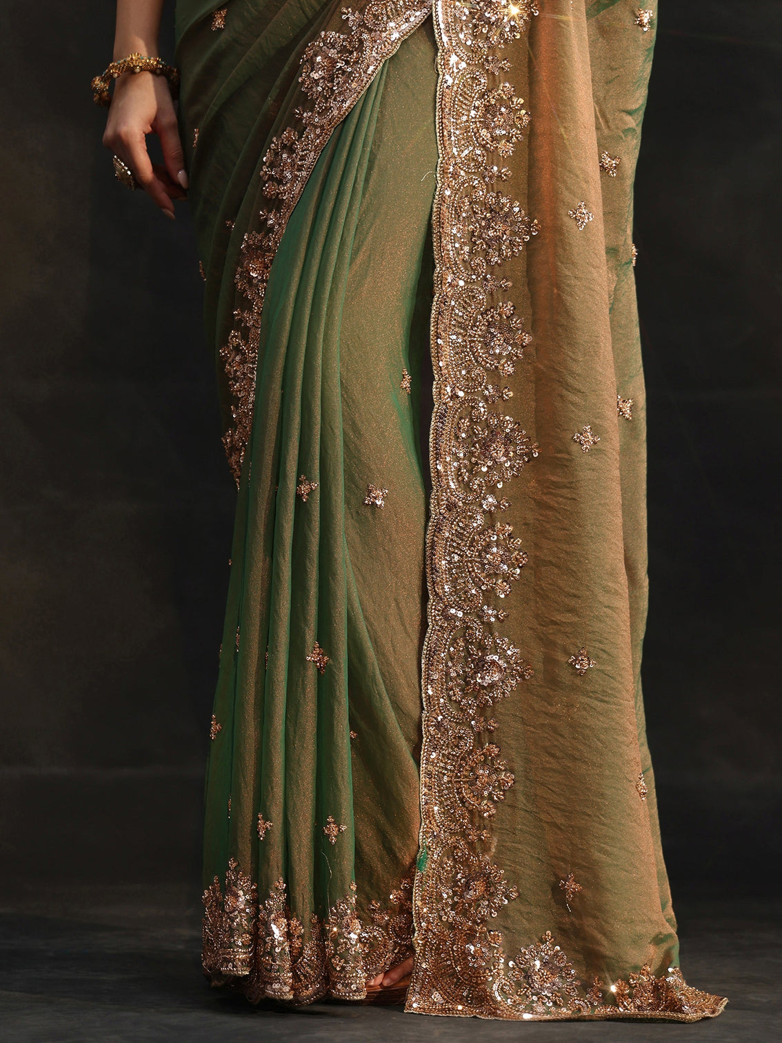 Mameraa Olive Green Sequined Tissue Saree