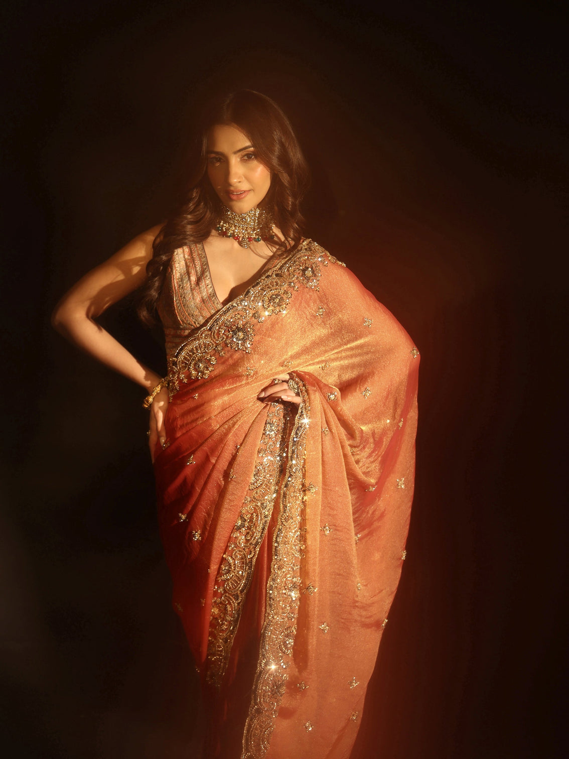 Mameraa Peach Floral Embellished Tissue Saree
