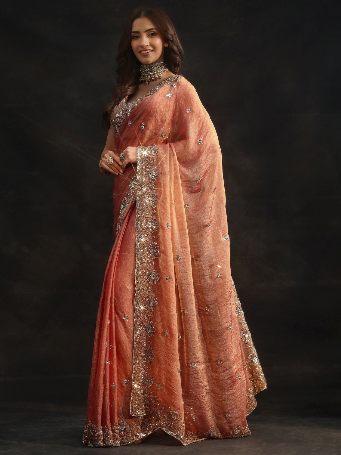 Mameraa Peach Floral Embellished Tissue Saree
