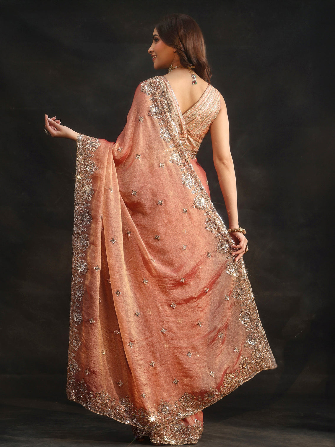 Mameraa Peach Floral Embellished Tissue Saree