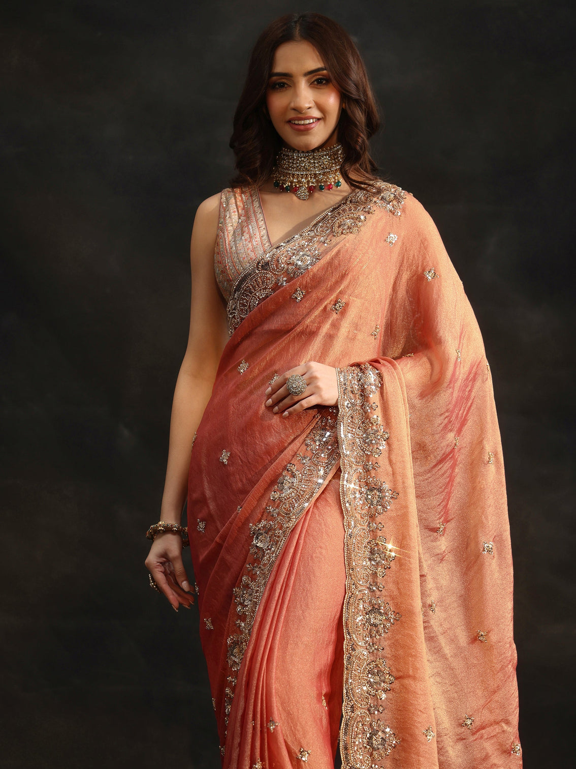 Mameraa Peach Floral Embellished Tissue Saree
