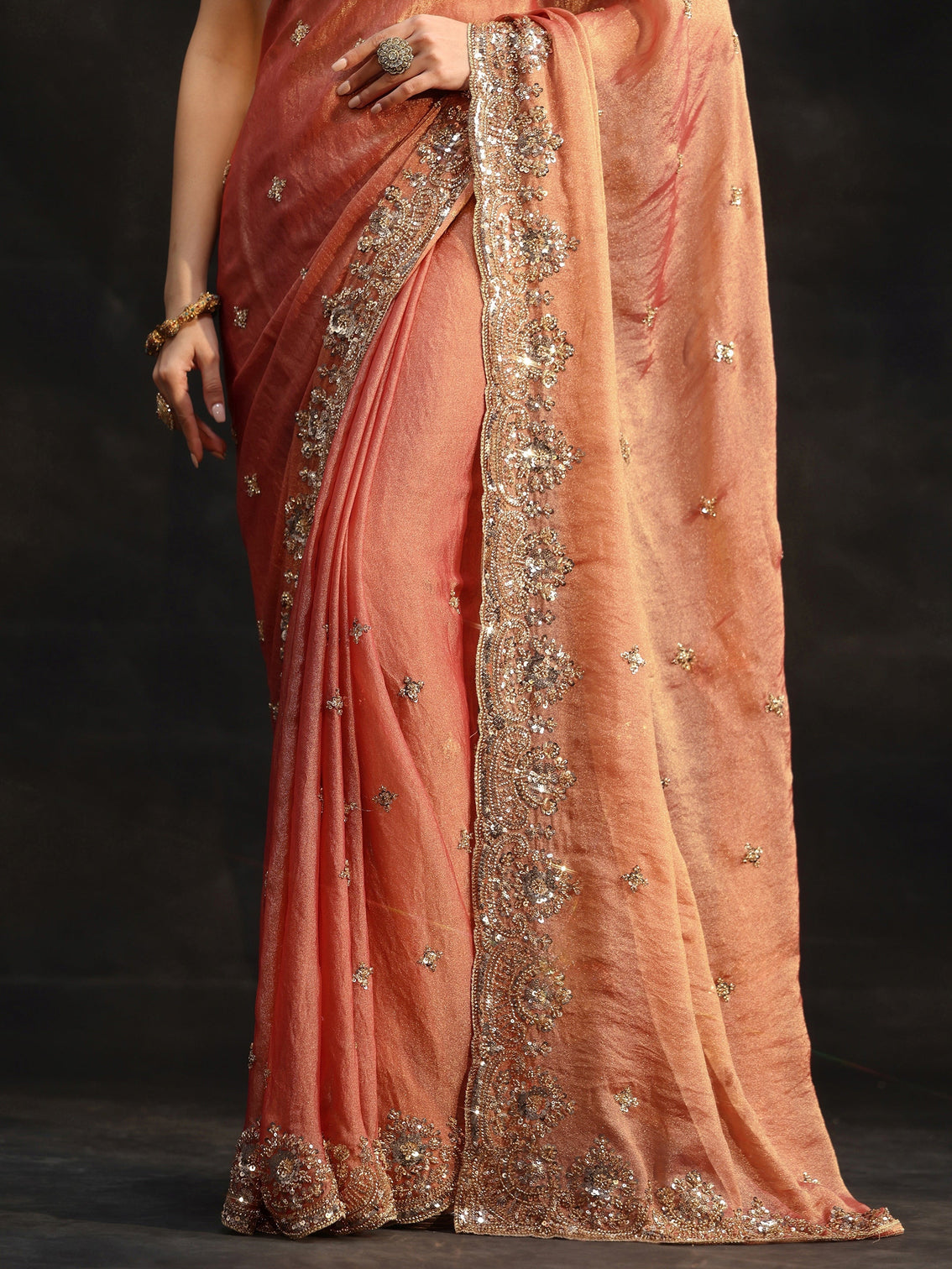 Mameraa Peach Floral Embellished Tissue Saree