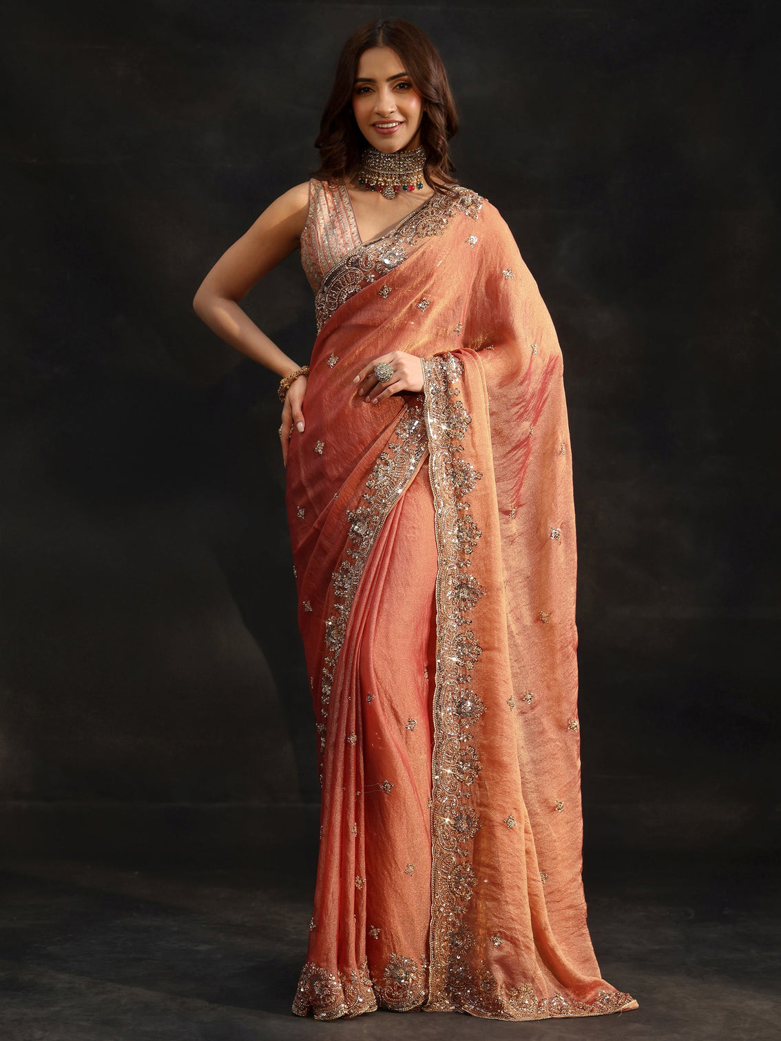 Mameraa Peach Floral Embellished Tissue Saree